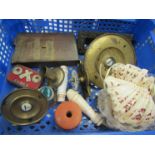 A tray of miscellaneous bygones including brass and ceramic bell push,