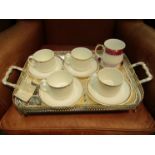 Three plated serving trays (2 with glass/ceramic inserts) a Doulton figurine,