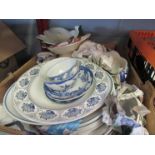 A box containing assorted china including Wedgwood and Johnson Bros.