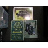 Three Land Rover tin plate signs including "Land Rover Parking Only"