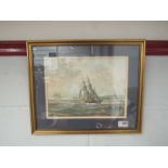 A watercolour of ships at sea, framed and glazed,