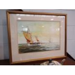 A watercolour of a sailboat, framed and glazed,