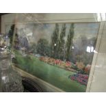 Three watercolours including still life of roses and a pair of river/garden scenes,