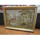 A needlework depicting a wild boar in woodland, framed and glazed,
