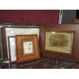 A collection of pictures and prints, Kensitas silk cigarette cards in frames etc.