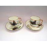 A pair of Victorian porcelain George Jones butterfly cups and saucers