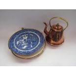 Two Victorian copper warming plates and kettle (3)