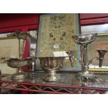 Two silverplate centre epergnes and a pedestal bowl (3)