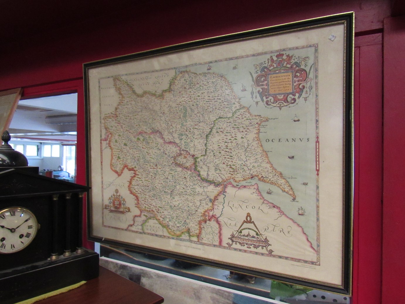 A large reproduction antique map - Christopher Saxton's Map of Yorkshire, framed and glazed,