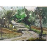 A watercolour depicting woodland path, framed and glazed,