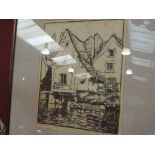A 1939 framed and glazed woodcut print of riverside houses,