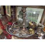 Assorted metal wares including a silver plated nine piece cruet set on stand