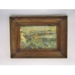 A pair of oak framed Japanese prints with figures in external scenes,