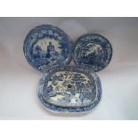 A collection of blue and white wares including a Rogers plate,