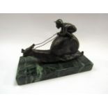 A bronze snail with jockey on marble base, 17cm long,