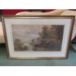 A watercolour depicting man fishing, Surrey, monogram lower left, gilt framed and glazed,
