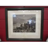 A 19th Century monotone print depicting fishermen and concerned crowd at stormy harbour scene,