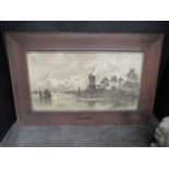 A sepia print entitled "A Still Evening" depicting windmills on the Broads, deep oak frame,