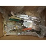 Two boxes of loose and boxed plated cutlery, glass napkin rings,