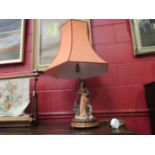 A figural table lamp, robed lady holding fruit,