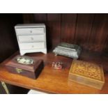 A Chinese diorama box, white metal footed box, miniature painted chest of drawers etc.