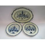 Three 19th Century Pearlware pagoda design blue and white plates