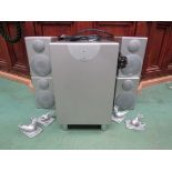 A Monitor Audio Radius 360 powered sub woofer system and four Radius 90 speakers