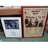 A framed print of Mersey Beat 1962 cover featuring The Beatles and another print of The Beatles