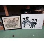 A cartoon painting on canvas depicting The Beatles signed Zack 1971 and a framed monotone print of