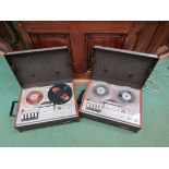 Two Philips 4 track reel-to-reel tape recorders and a box of accessories