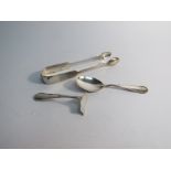 Silver sugar tongs and childs feeding spoons (3) 70g