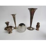 Mixed silver including two trumpet vases, single candlestick, miniature twin handled trophy,