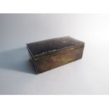 A silver cigarette box with inscription to top, dents present, Birmingham 1913, wood lined,