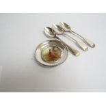 A silver pin dish set with central Worcester porcelain plaque depicting a pheasant,