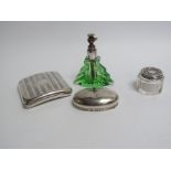 A Sterling silver topped Deco scent bottle, silver lidded pot,