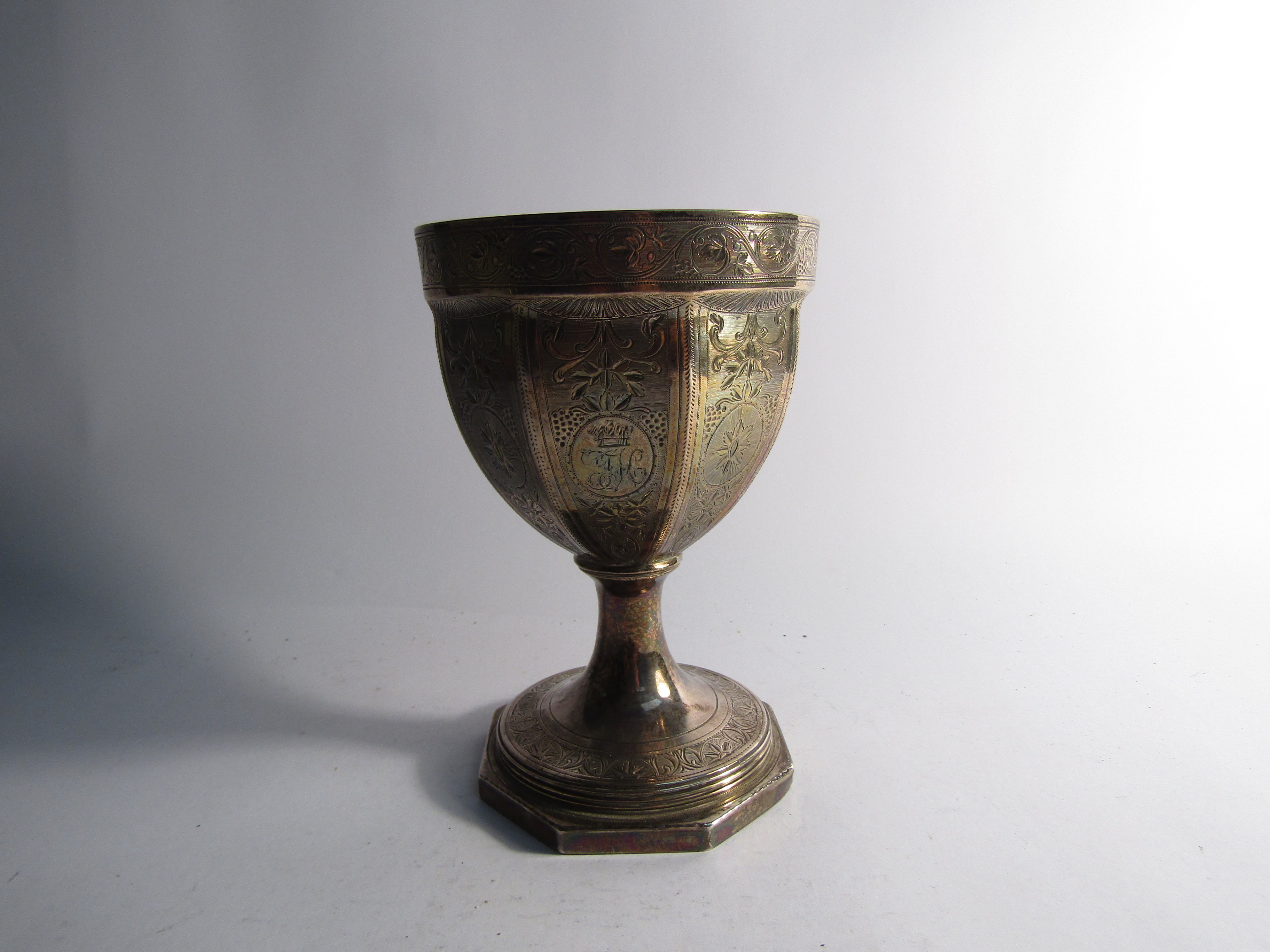 A George III William Fountain silver chalice with engraved body, monogrammed cartouches, - Image 2 of 4
