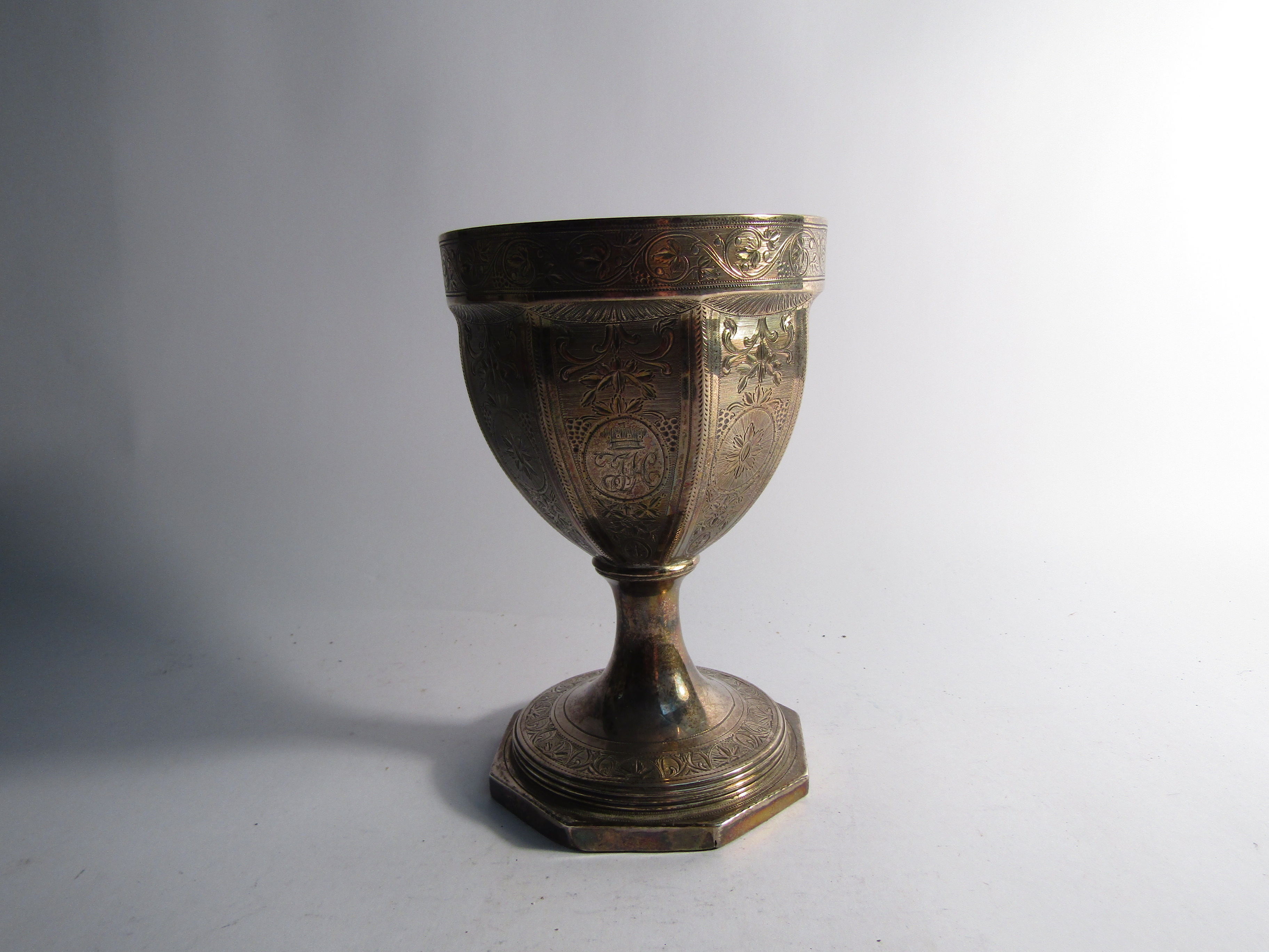 A George III William Fountain silver chalice with engraved body, monogrammed cartouches, - Image 3 of 4