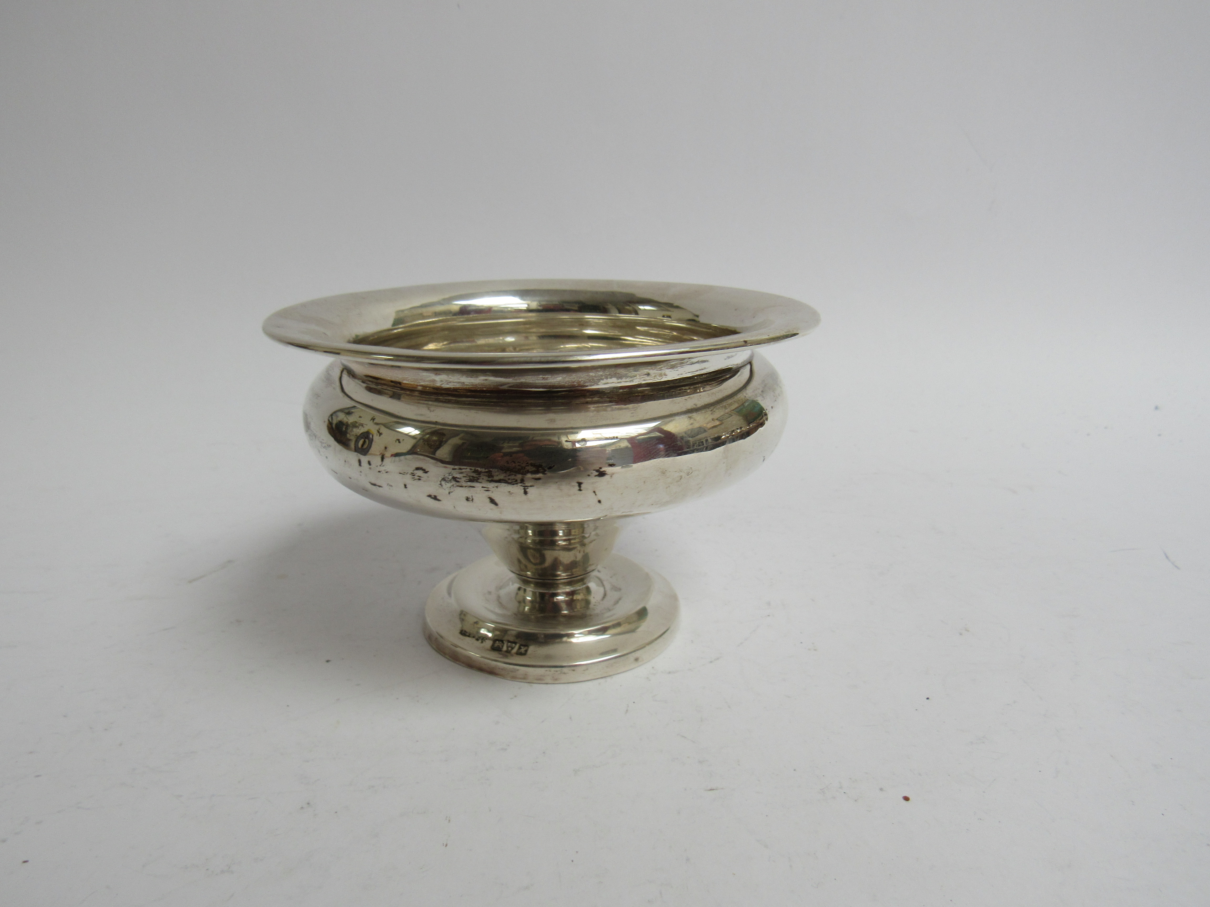 Chester 1908 silver pedestal bowl, makers mark rubbed, dented, 11.