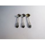 Two Victorian silver mustard spoons and another monogrammed handles,