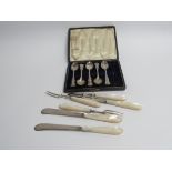 Five silver teaspoons and Mappin & Webb mother of pearl silver bladed knives and forks
