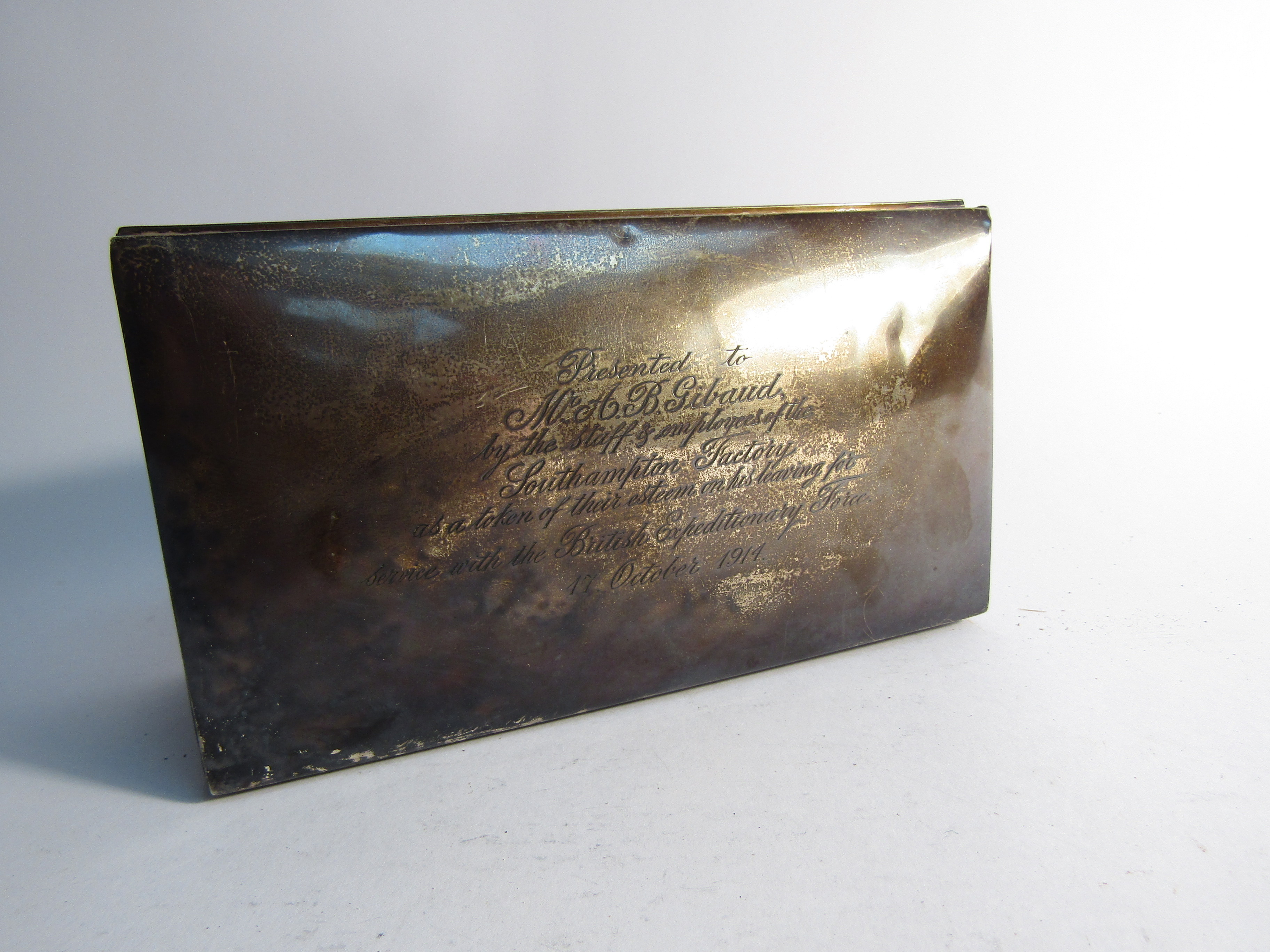 A silver cigarette box with inscription to top, dents present, Birmingham 1913, wood lined, - Image 2 of 3