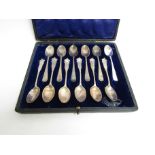 Two sets of six silver teaspoons in same case, William Hutton 1907 and maker J.R.