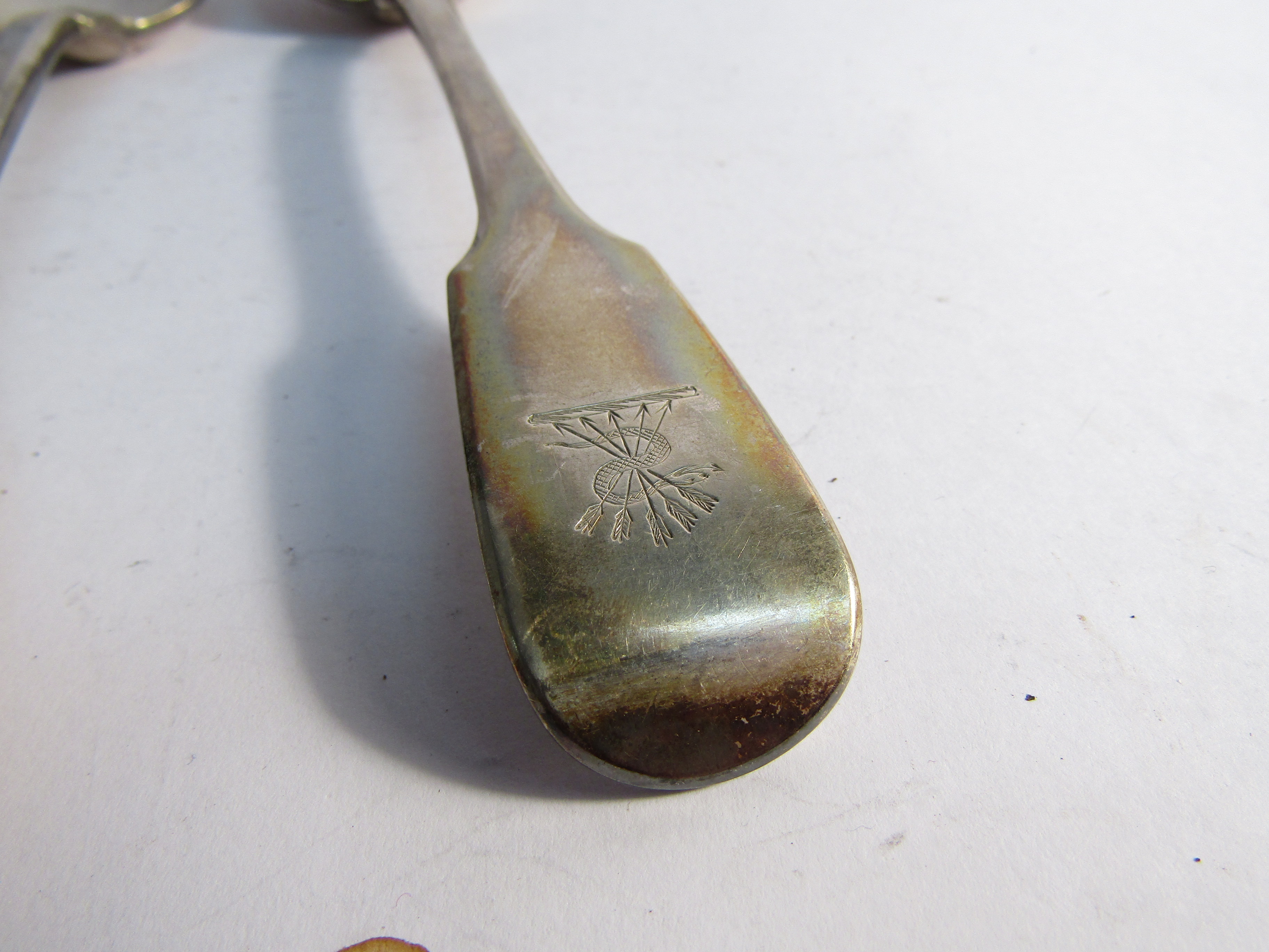 Victorian and Georgian silver flatware, three spoons and a fork all with matching crest, - Image 2 of 3