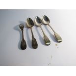 Victorian and Georgian silver flatware, three spoons and a fork all with matching crest,