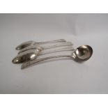 Three George II silver spoons with crested and monogrammed handles dated 1741, 1749 & 1747,