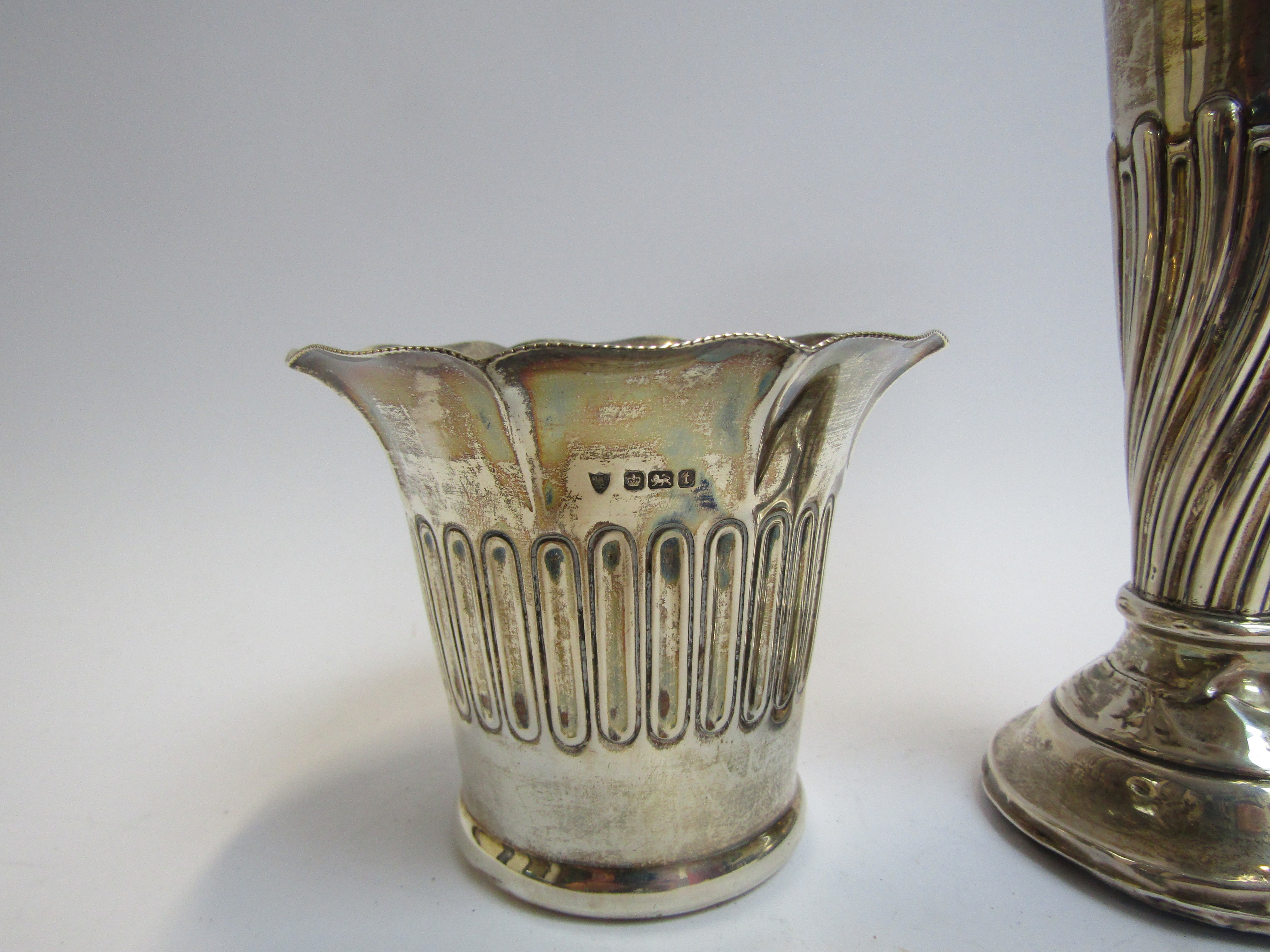 A silver engraved trumpet vase with weighted base (dented) 18cm tall and Maxfield & Sons Ltd silver - Image 2 of 2