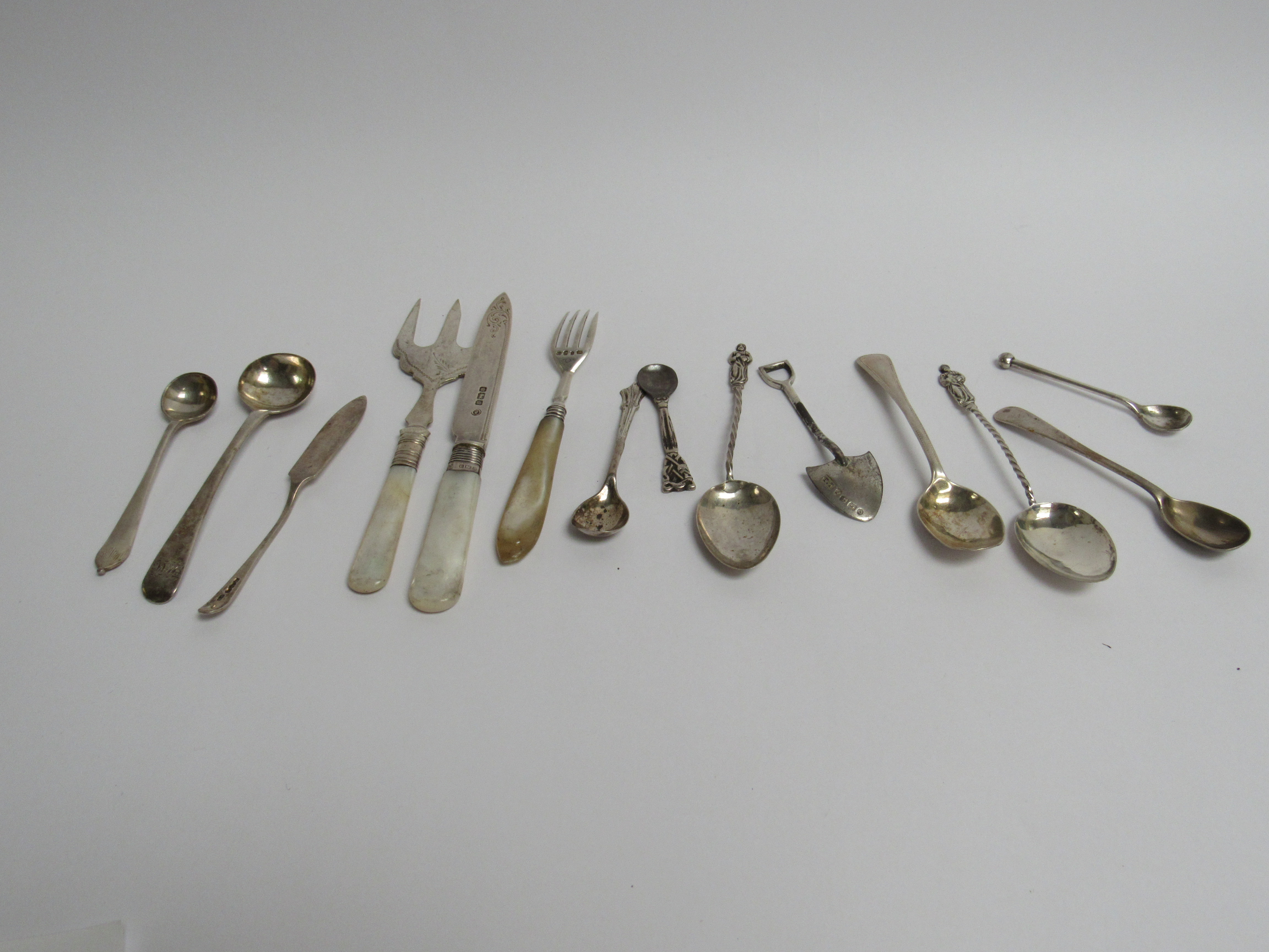 Eight various silver salt spoons and two apostle spoons