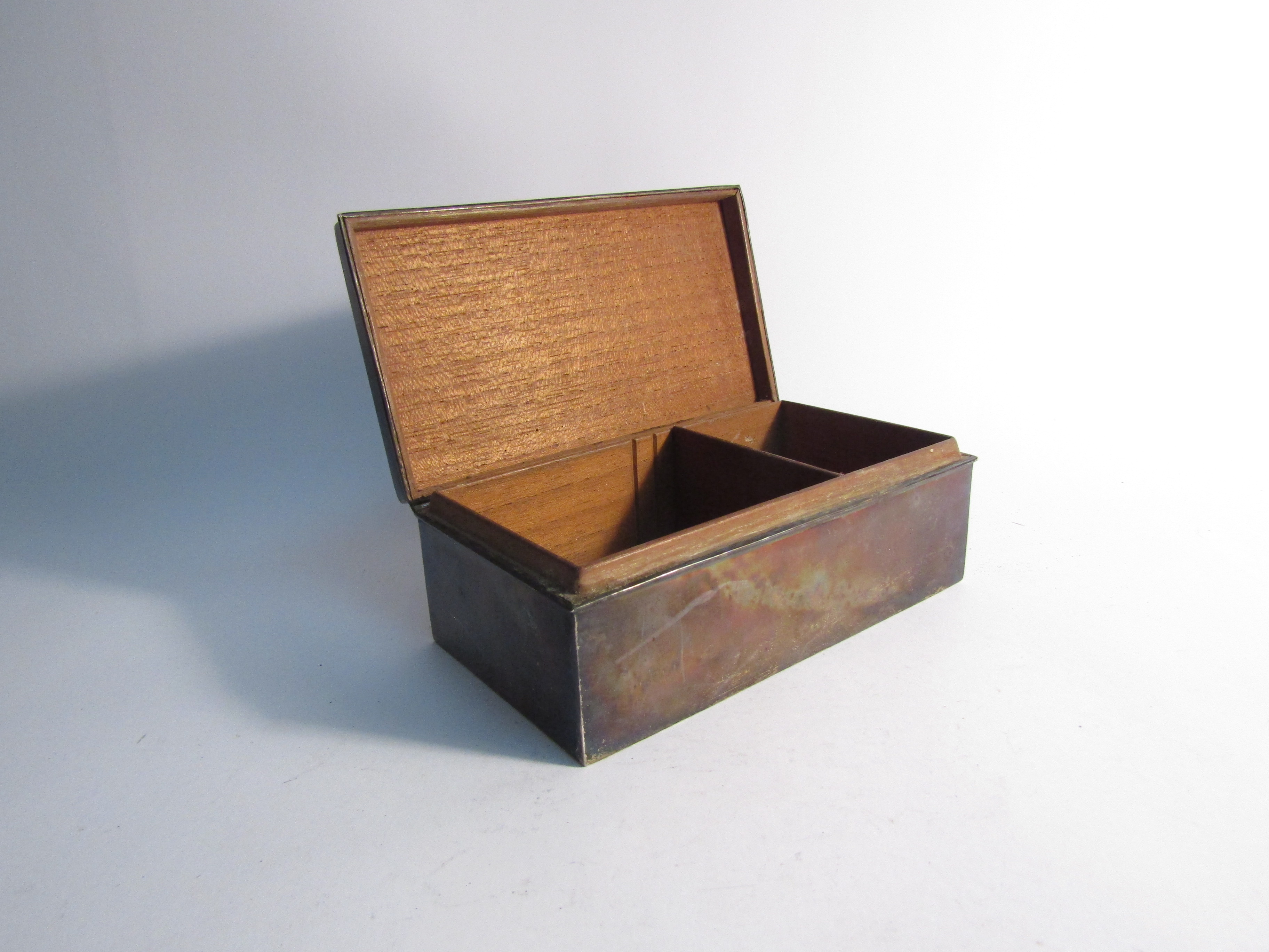 A silver cigarette box with inscription to top, dents present, Birmingham 1913, wood lined, - Image 3 of 3