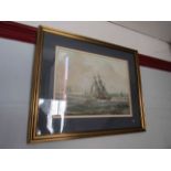 A watercolour of ships at sea, framed and glazed,