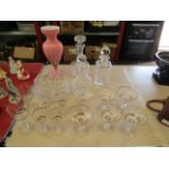 Three glass decanters, a crystal glass bowl,